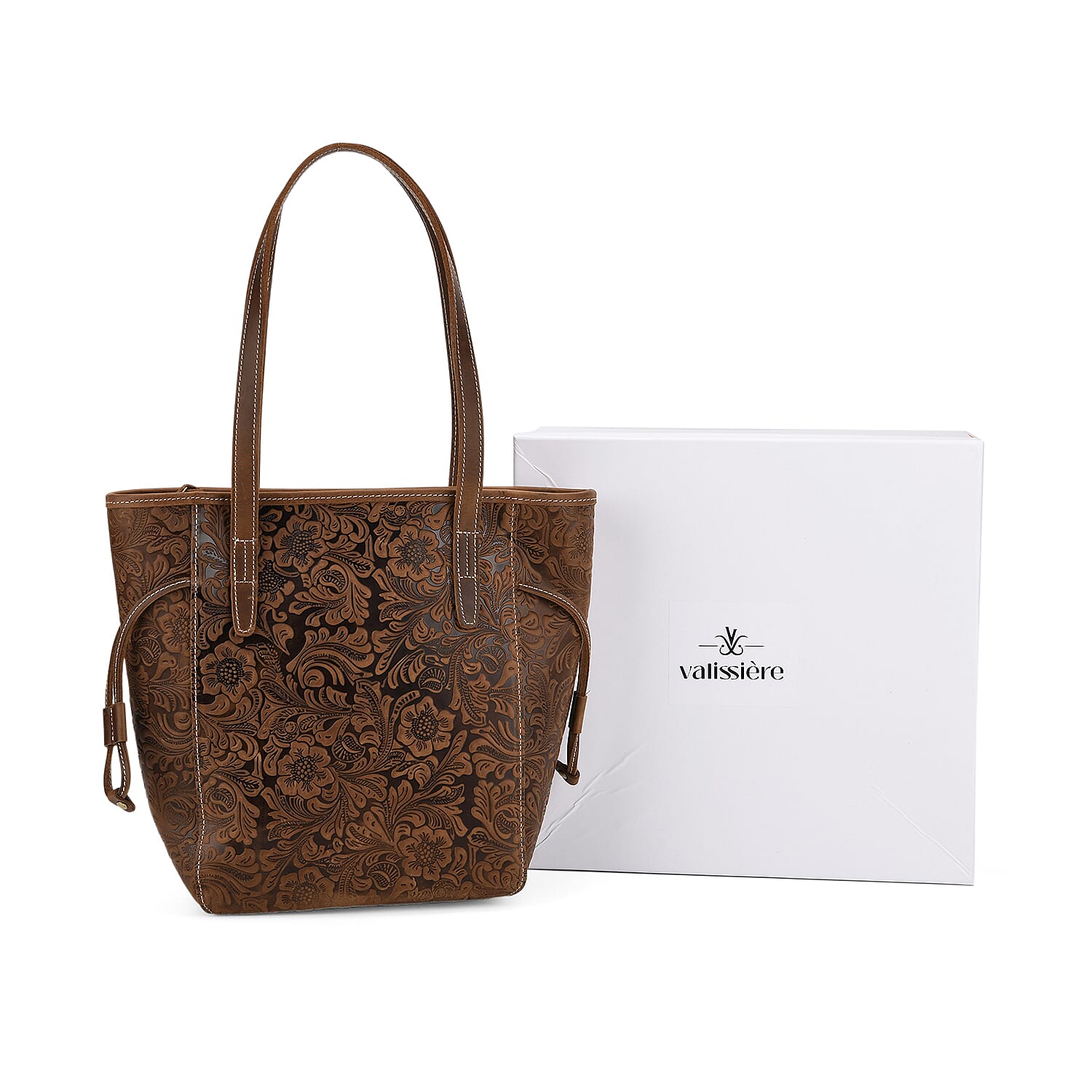 100% Genuine Leather Floral Embossed Tote Bag - Brown