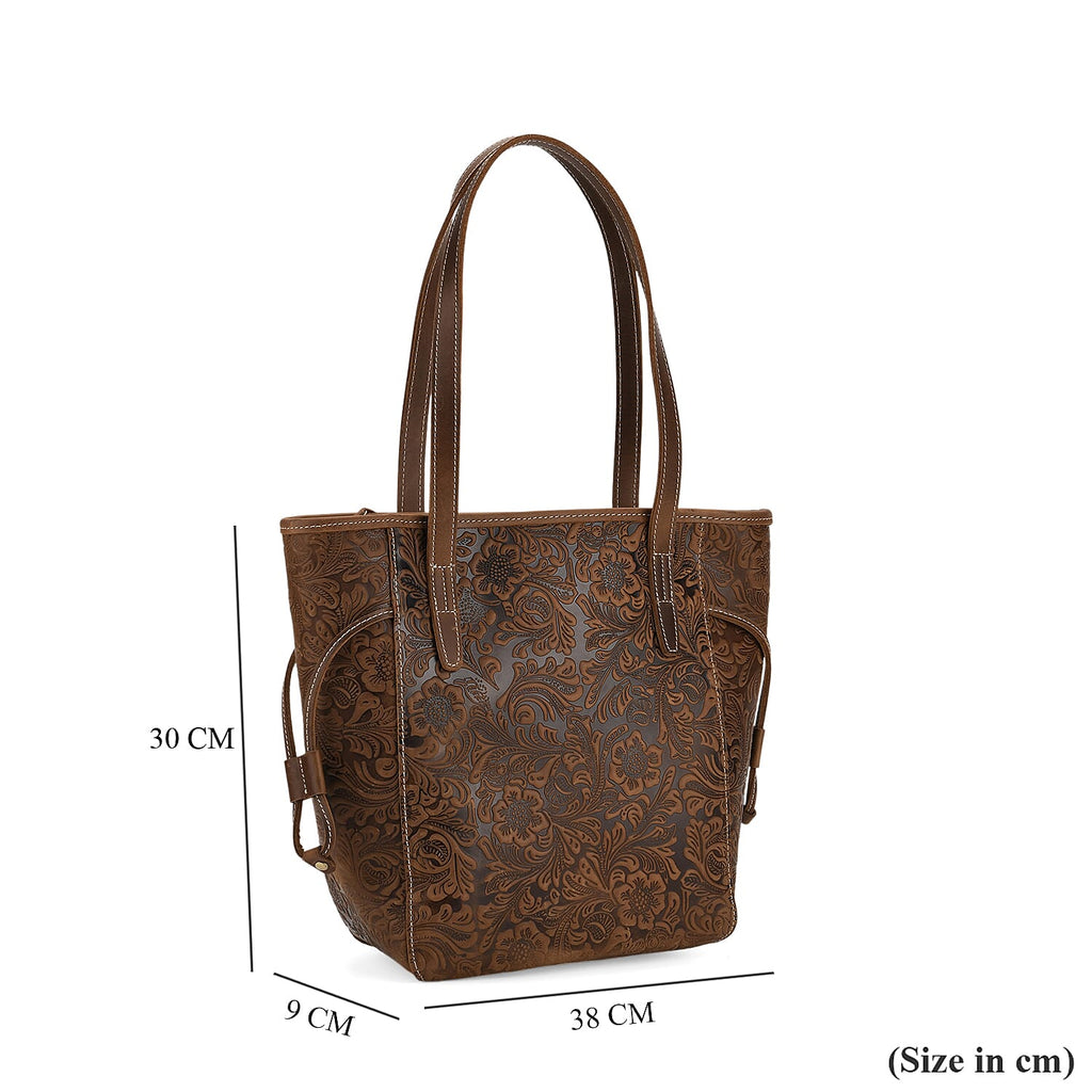 100% Genuine Leather Floral Embossed Tote Bag - Brown