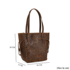 100% Genuine Leather Floral Embossed Tote Bag - Brown
