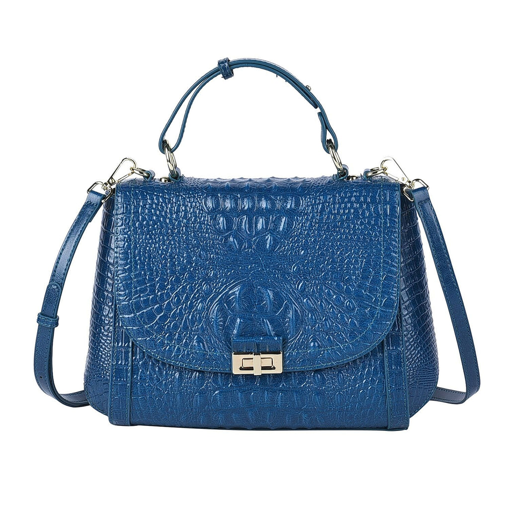 Black Friday Doorbuster - 100% Genuine Leather Croc Embossed Convertible Bag with Detachable Long Strap - Teal Blue