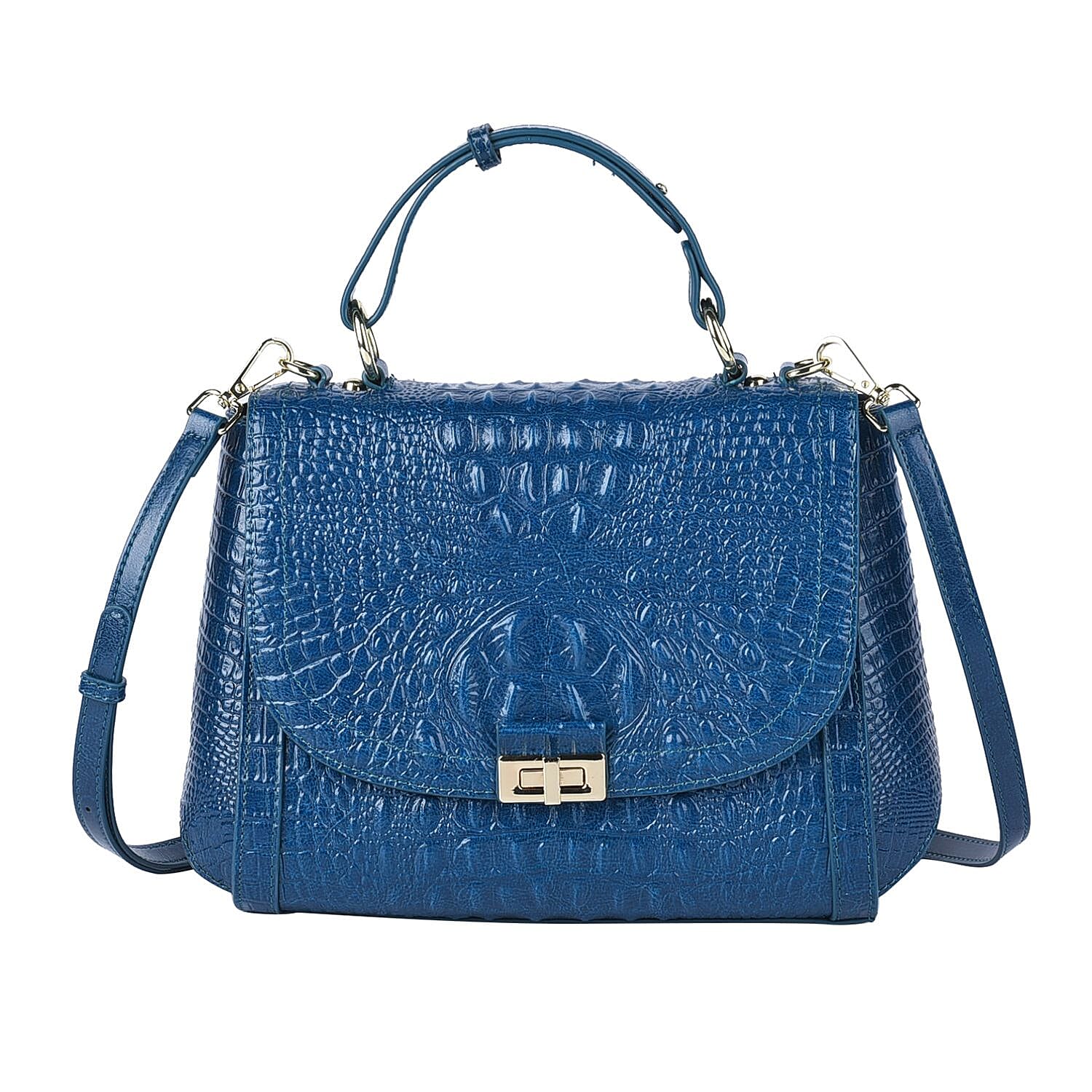 Black Friday Doorbuster - 100% Genuine Leather Croc Embossed Convertible Bag with Detachable Long Strap - Teal Blue