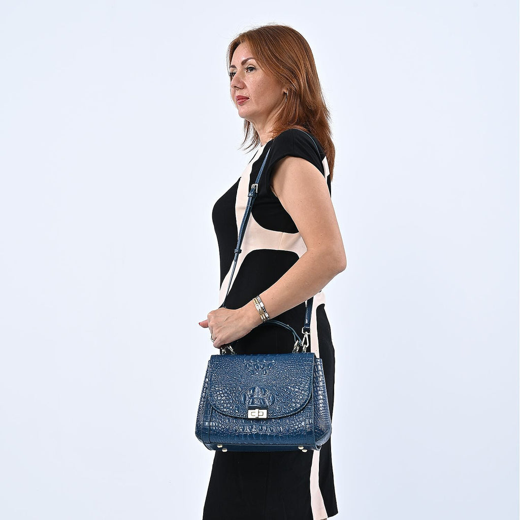 Black Friday Doorbuster - 100% Genuine Leather Croc Embossed Convertible Bag with Detachable Long Strap - Teal Blue
