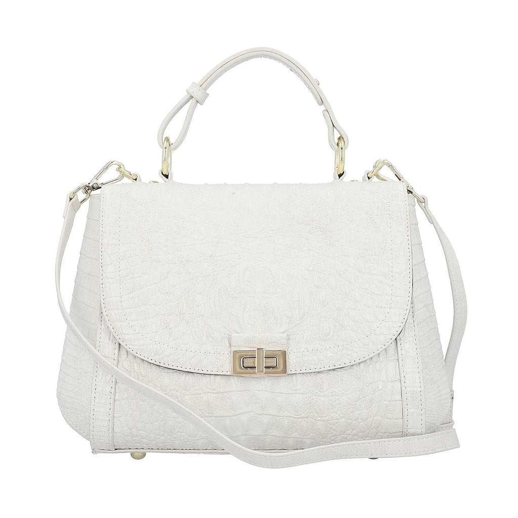 Black Friday Doorbuster - 100% Genuine Leather Croc Embossed Convertible Bag with Detachable Long Strap - Off-White