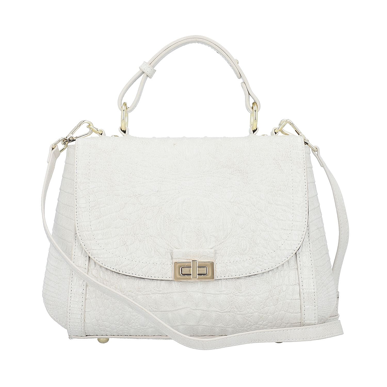 Black Friday Doorbuster - 100% Genuine Leather Croc Embossed Convertible Bag with Detachable Long Strap - Off-White