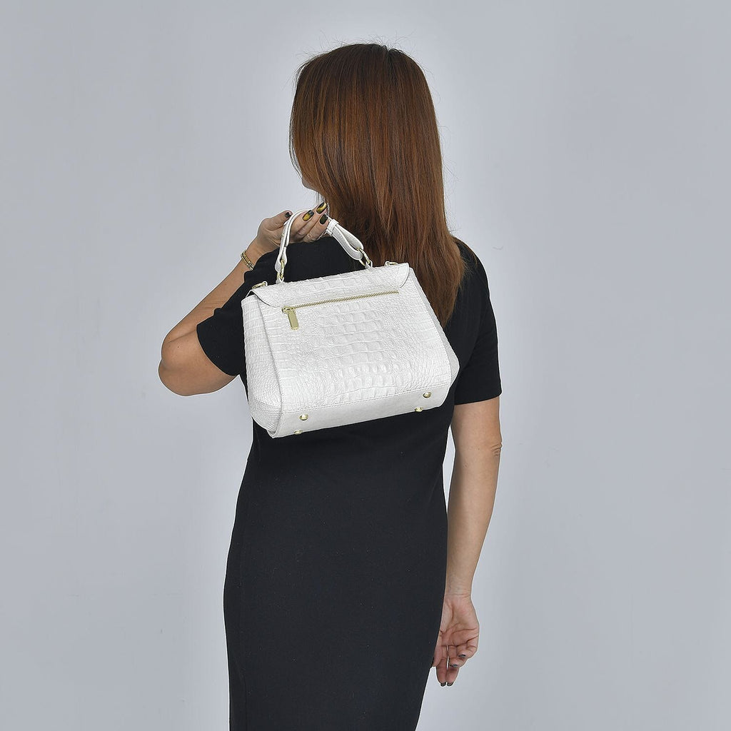 Black Friday Doorbuster - 100% Genuine Leather Croc Embossed Convertible Bag with Detachable Long Strap - Off-White