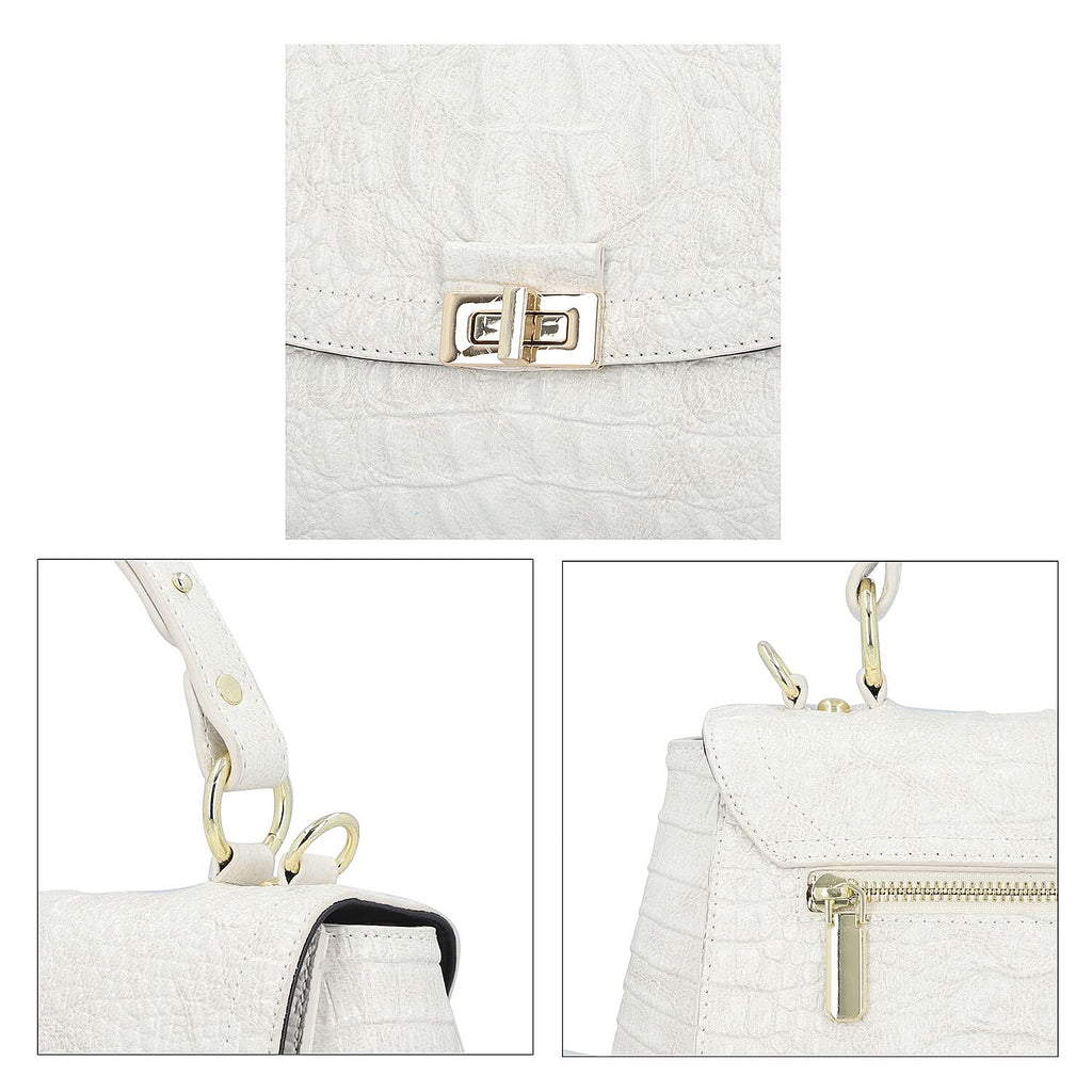 Black Friday Doorbuster - 100% Genuine Leather Croc Embossed Convertible Bag with Detachable Long Strap - Off-White
