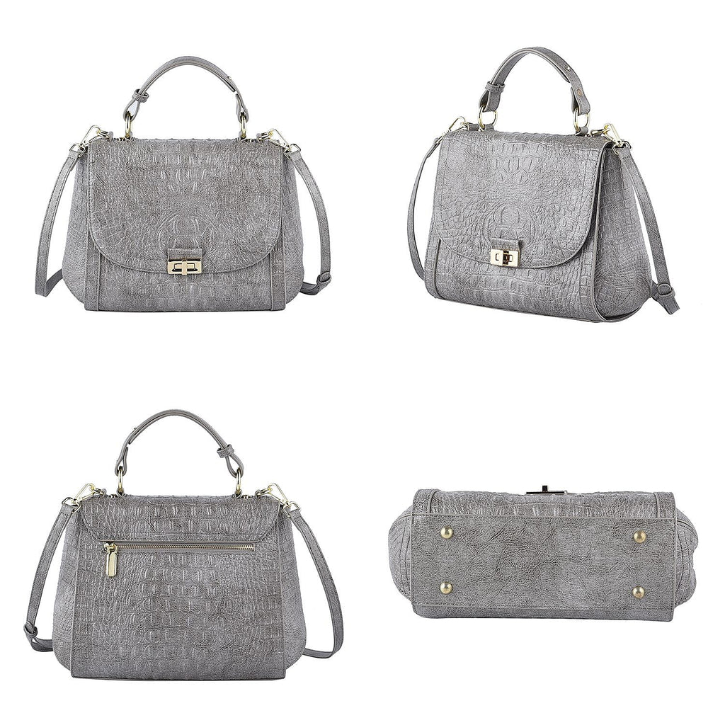 Black Friday Doorbuster -100% Genuine Leather Croc Embossed Convertible Bag with Detachable Long Strap - Grey