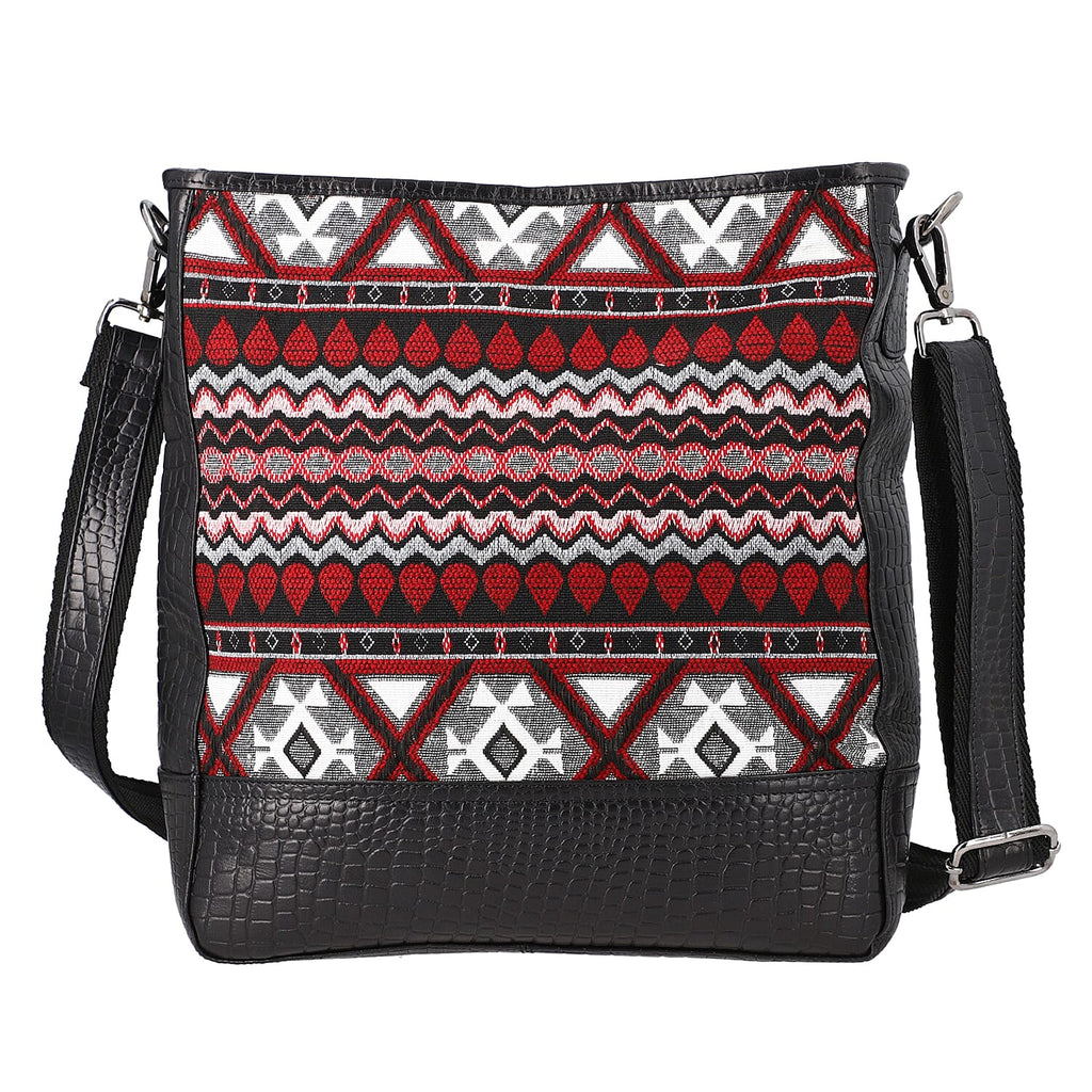 100% Genuine Leather Crocodile Embossed and Jacquard Crossbody Bag - Black