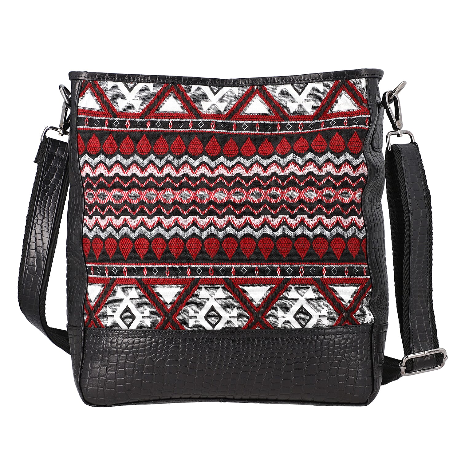 100% Genuine Leather Crocodile Embossed and Jacquard Crossbody Bag - Black