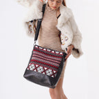 100% Genuine Leather Crocodile Embossed and Jacquard Crossbody Bag - Black