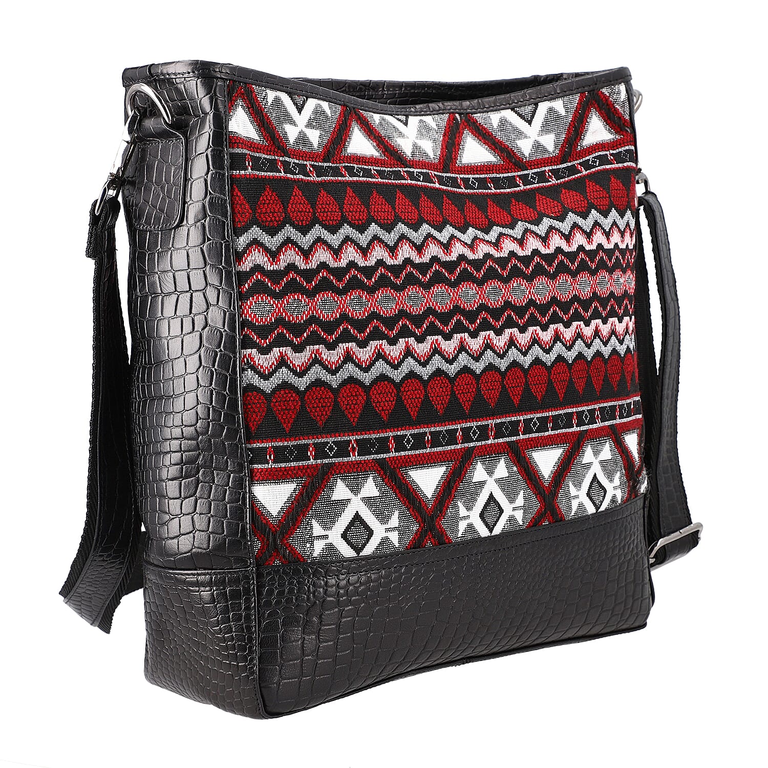 100% Genuine Leather Crocodile Embossed and Jacquard Crossbody Bag - Black