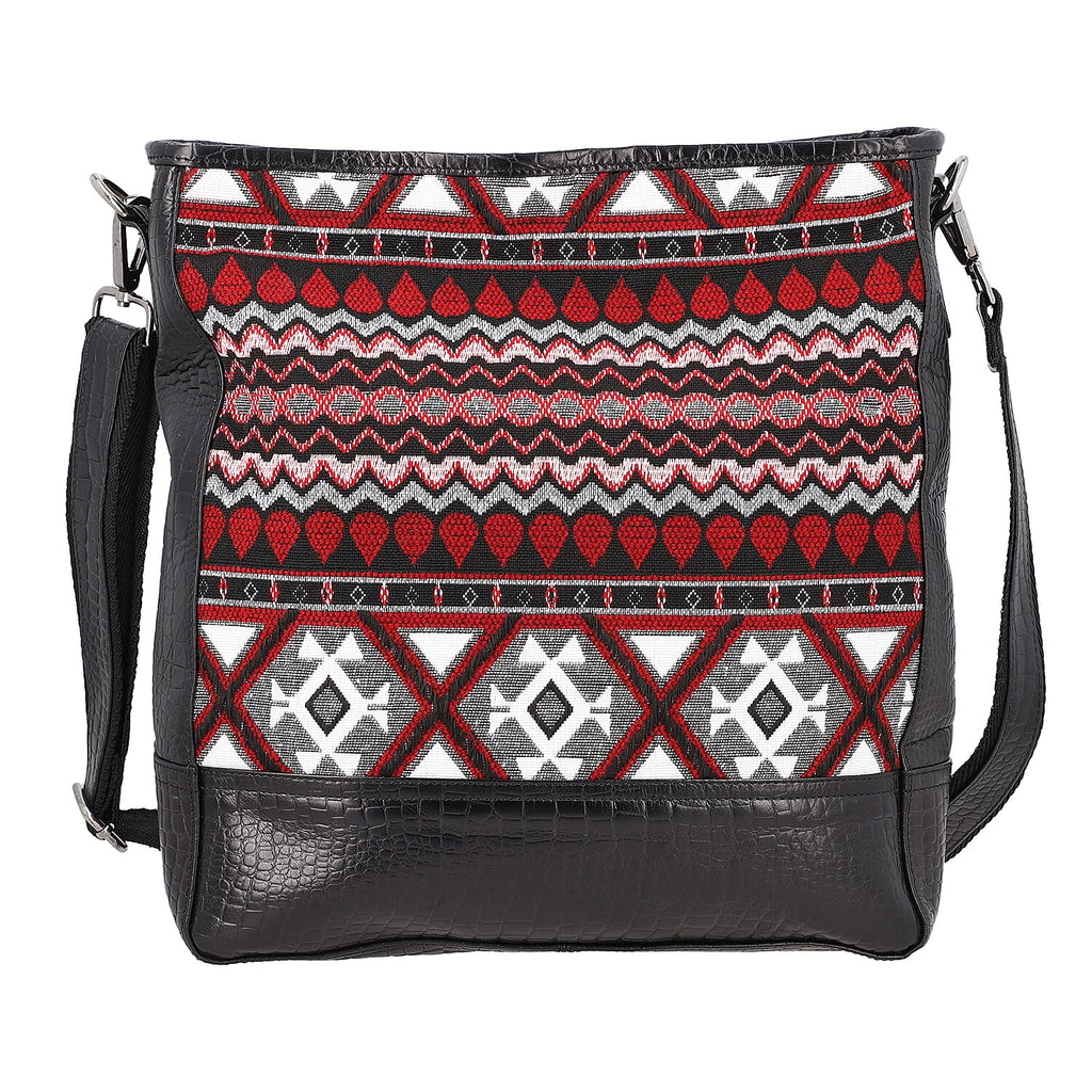 100% Genuine Leather Crocodile Embossed and Jacquard Crossbody Bag - Black