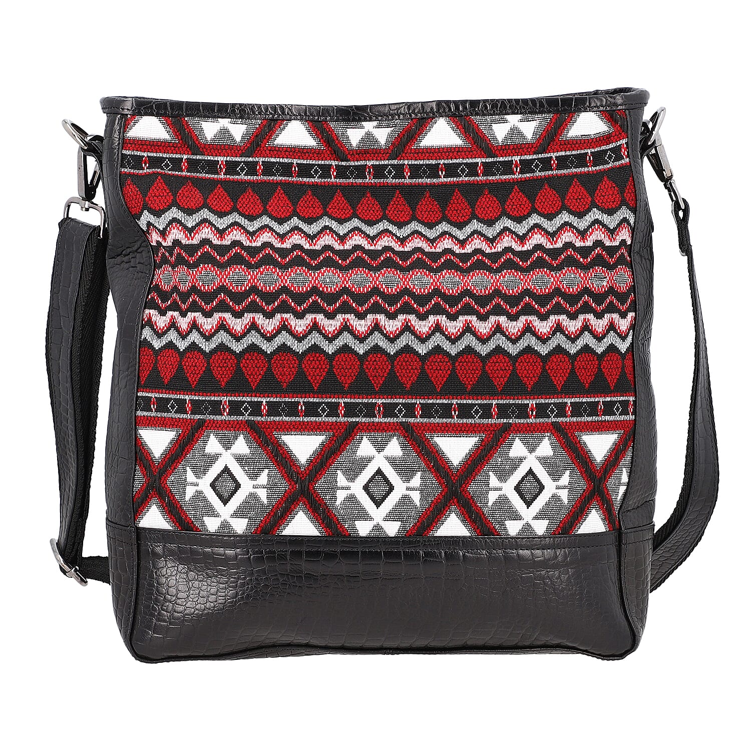 100% Genuine Leather Crocodile Embossed and Jacquard Crossbody Bag - Black