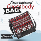 100% Genuine Leather Crocodile Embossed and Jacquard Crossbody Bag - Black