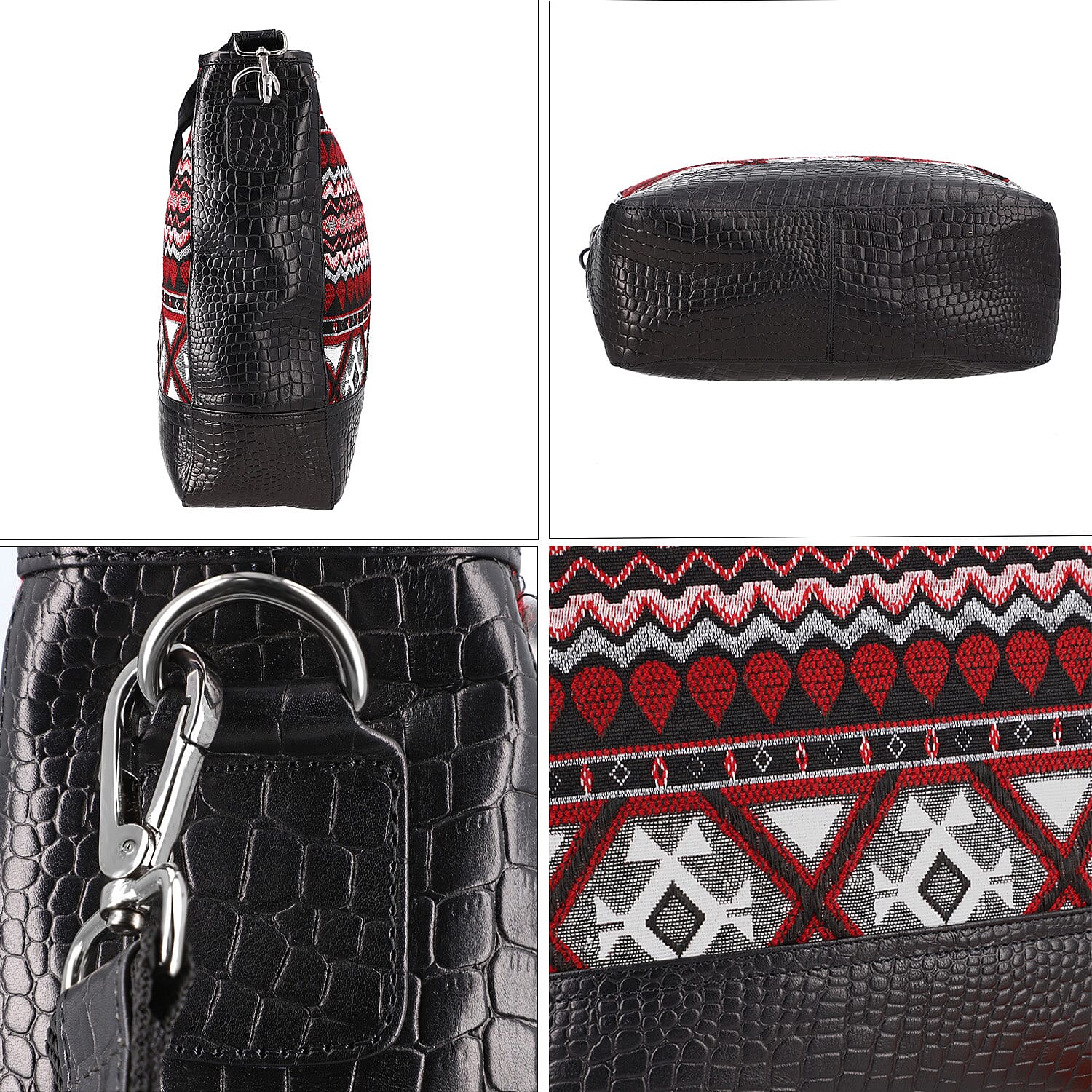 100% Genuine Leather Crocodile Embossed and Jacquard Crossbody Bag - Black