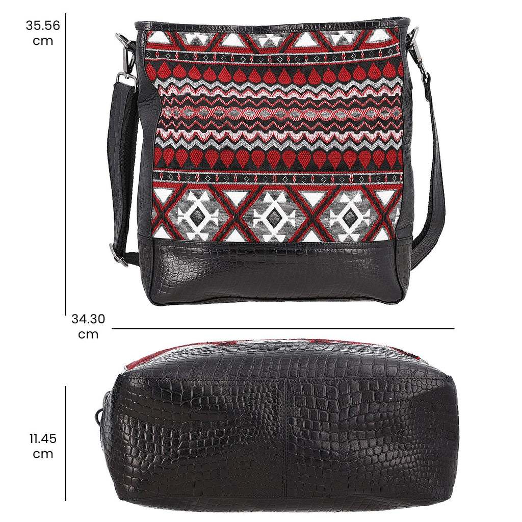 100% Genuine Leather Crocodile Embossed and Jacquard Crossbody Bag - Black
