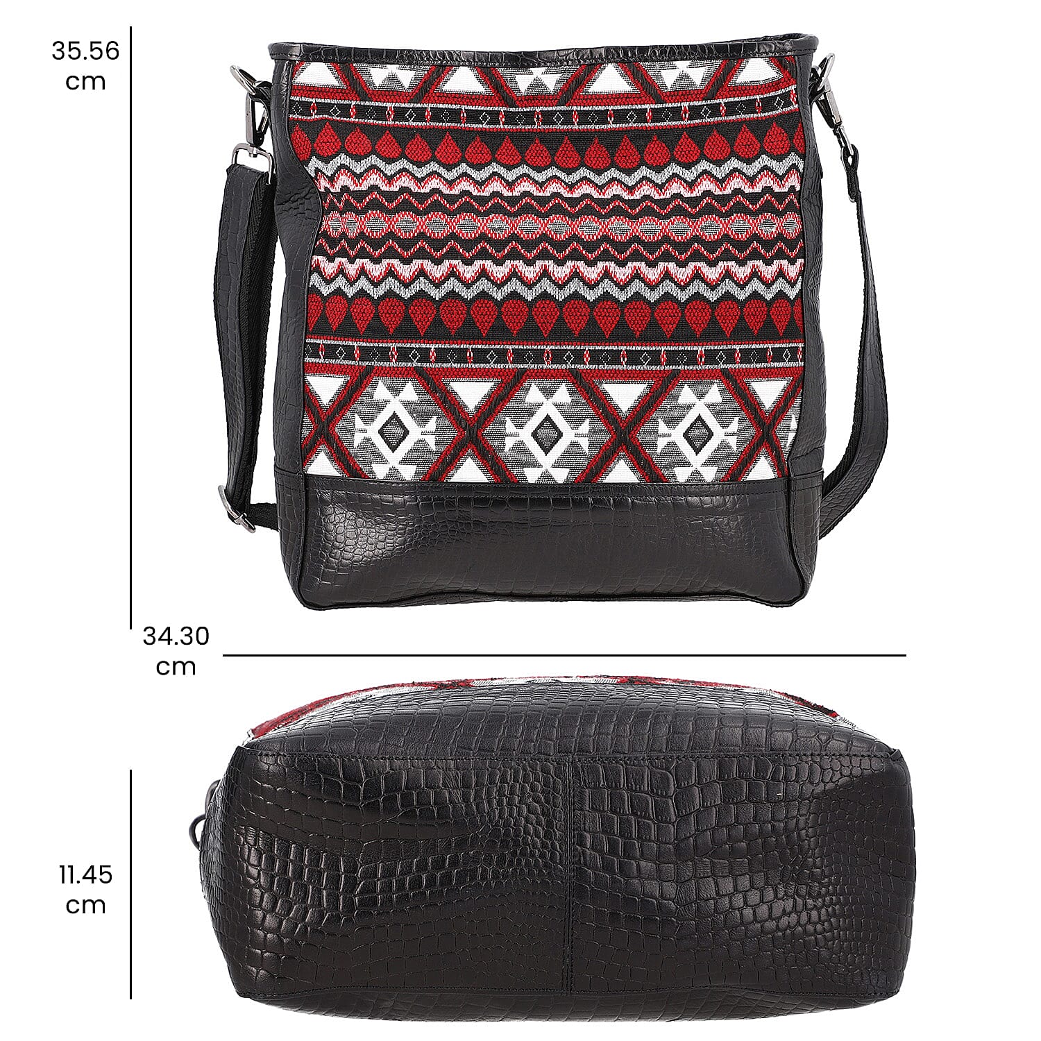 100% Genuine Leather Crocodile Embossed and Jacquard Crossbody Bag - Black