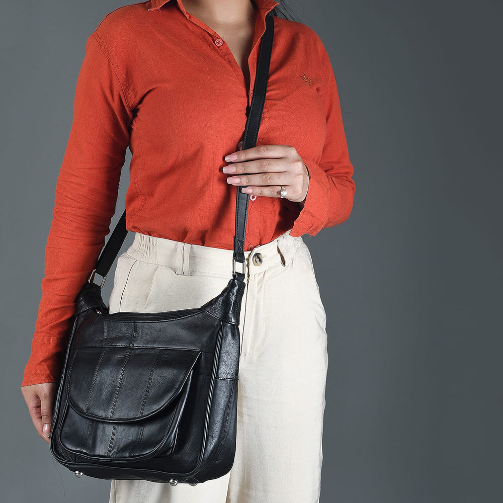 Hong Kong Closeout - 100% Genuine Leather Crossbody Bag with Shoulder Strap - Black