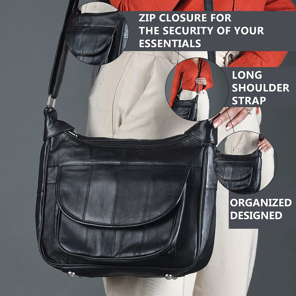 Hong Kong Closeout - 100% Genuine Leather Crossbody Bag with Shoulder Strap - Black