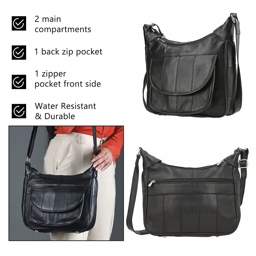 Hong Kong Closeout - 100% Genuine Leather Crossbody Bag with Shoulder Strap - Black