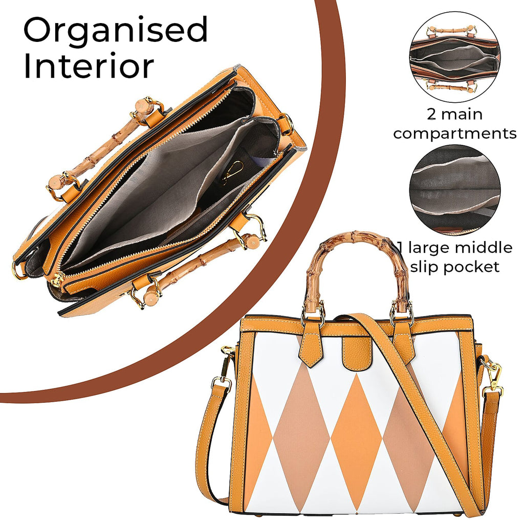 100% Genuine Leather Diamond Pattern Crossbody Bag with Handle Drop (120cm) - Yellow