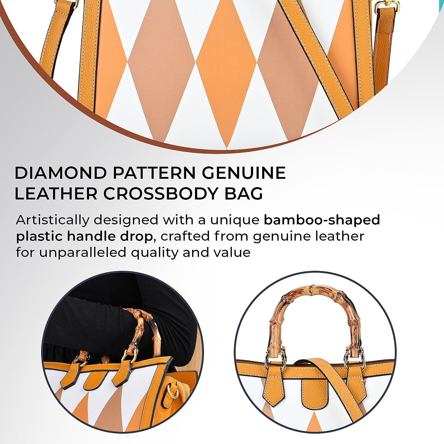 100% Genuine Leather Diamond Pattern Crossbody Bag with Handle Drop (120cm) - Yellow