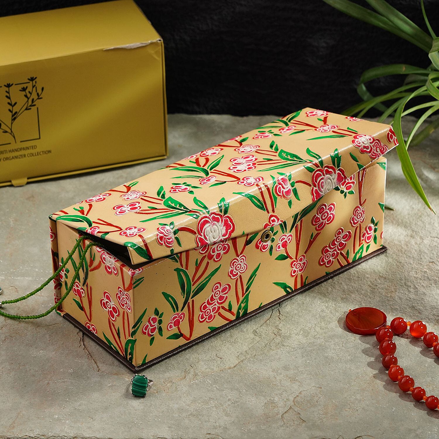 100% Genuine Leather Embossed 2 Tier Jewellery Box (Size 31x12x11 Cm) - Beige