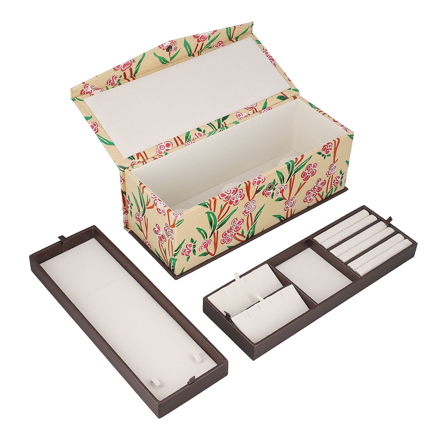 100% Genuine Leather Embossed 2 Tier Jewellery Box (Size 31x12x11 Cm) - Beige