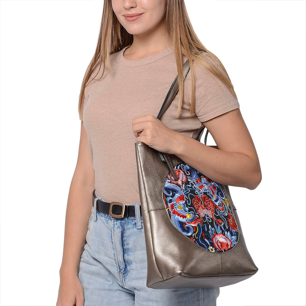 100% Genuine Leather Multi Colour Embroidery Pattern Shoulder Bag with External Zipper Pocket (Size 30x13x35) - Bronze