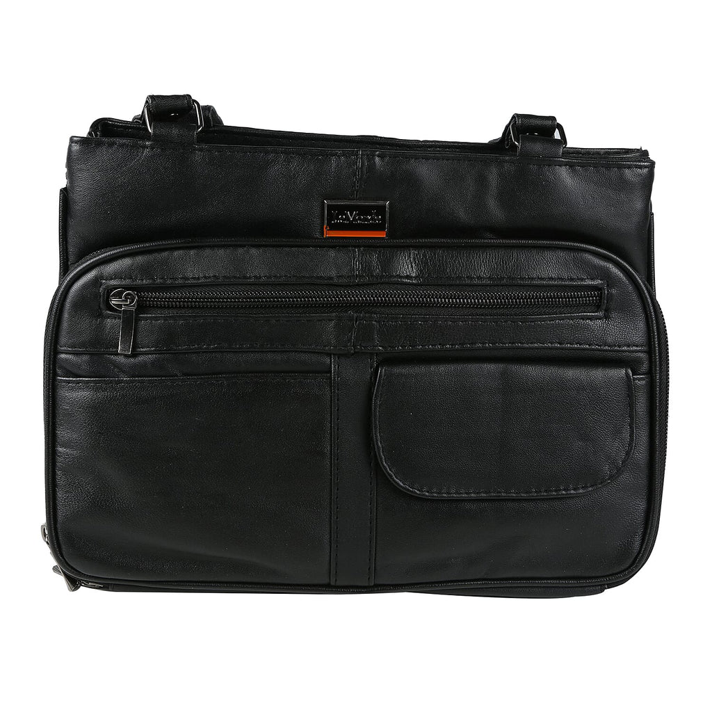 Le Monde - 100% Genuine Leather Multi Pocket Ladies Shoulder Bag with Zipper Closure - Black