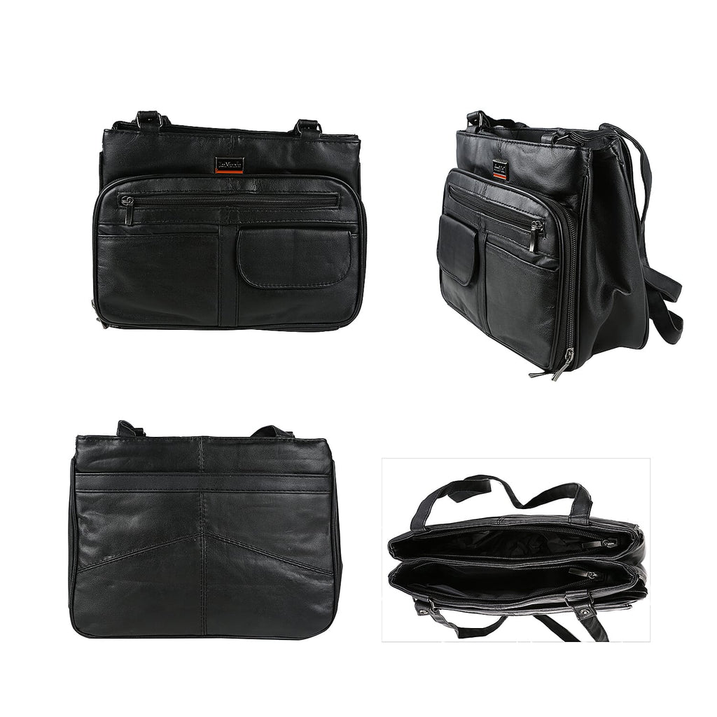 Le Monde - 100% Genuine Leather Multi Pocket Ladies Shoulder Bag with Zipper Closure - Black