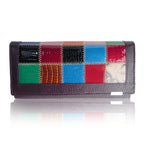DEAL OF THE DAY - 100% Genuine Leather Patchwork Detail Triple Fold Wallet - Purple