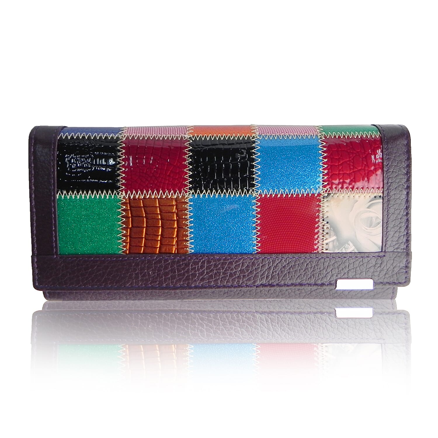 DEAL OF THE DAY - 100% Genuine Leather Patchwork Detail Triple Fold Wallet - Purple