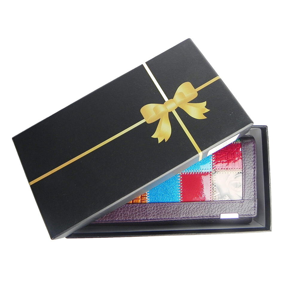 DEAL OF THE DAY - 100% Genuine Leather Patchwork Detail Triple Fold Wallet - Purple