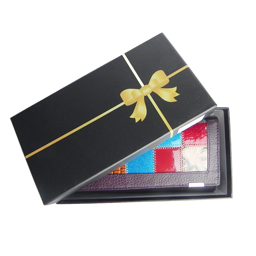 DEAL OF THE DAY - 100% Genuine Leather Patchwork Detail Triple Fold Wallet - Purple