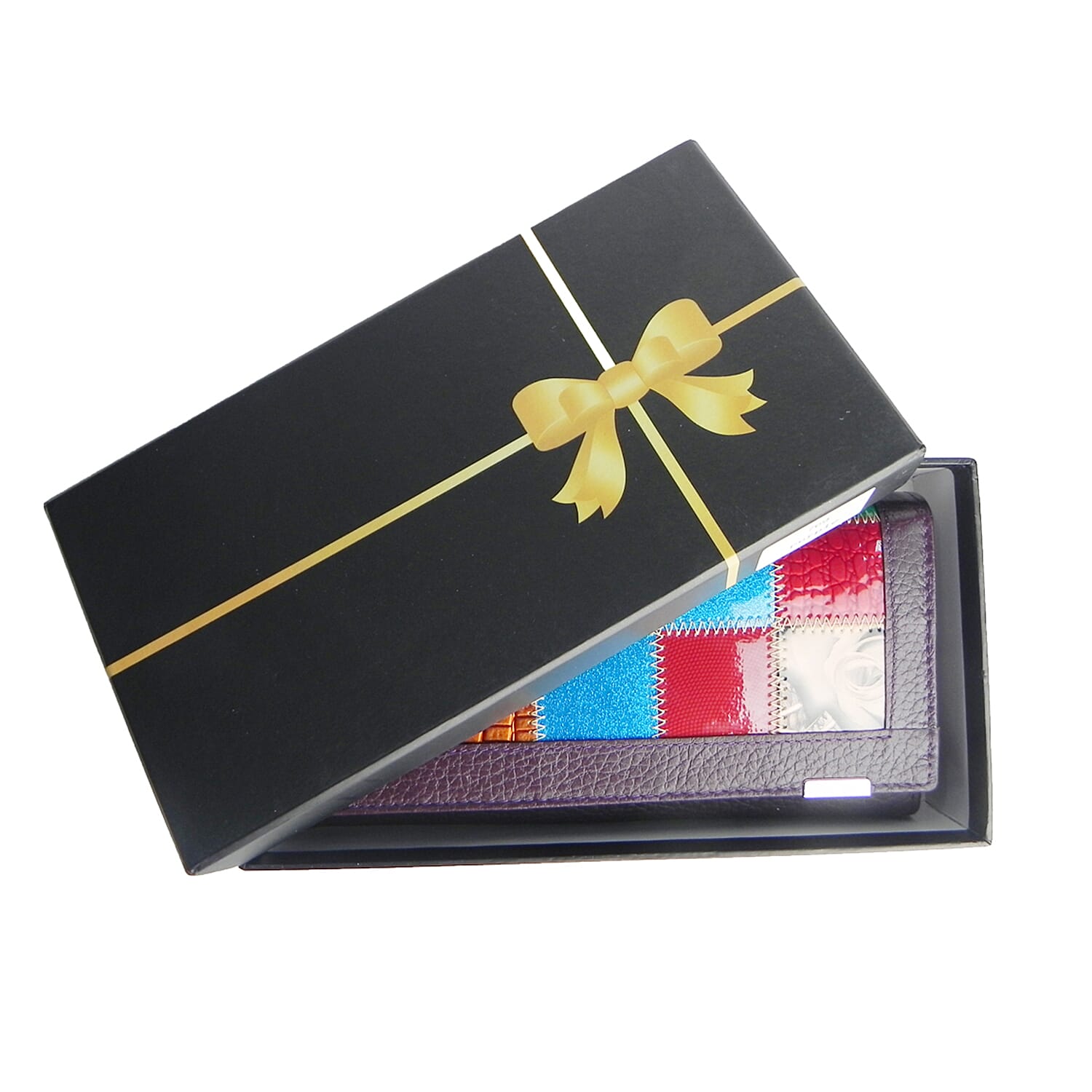 DEAL OF THE DAY - 100% Genuine Leather Patchwork Detail Triple Fold Wallet - Purple