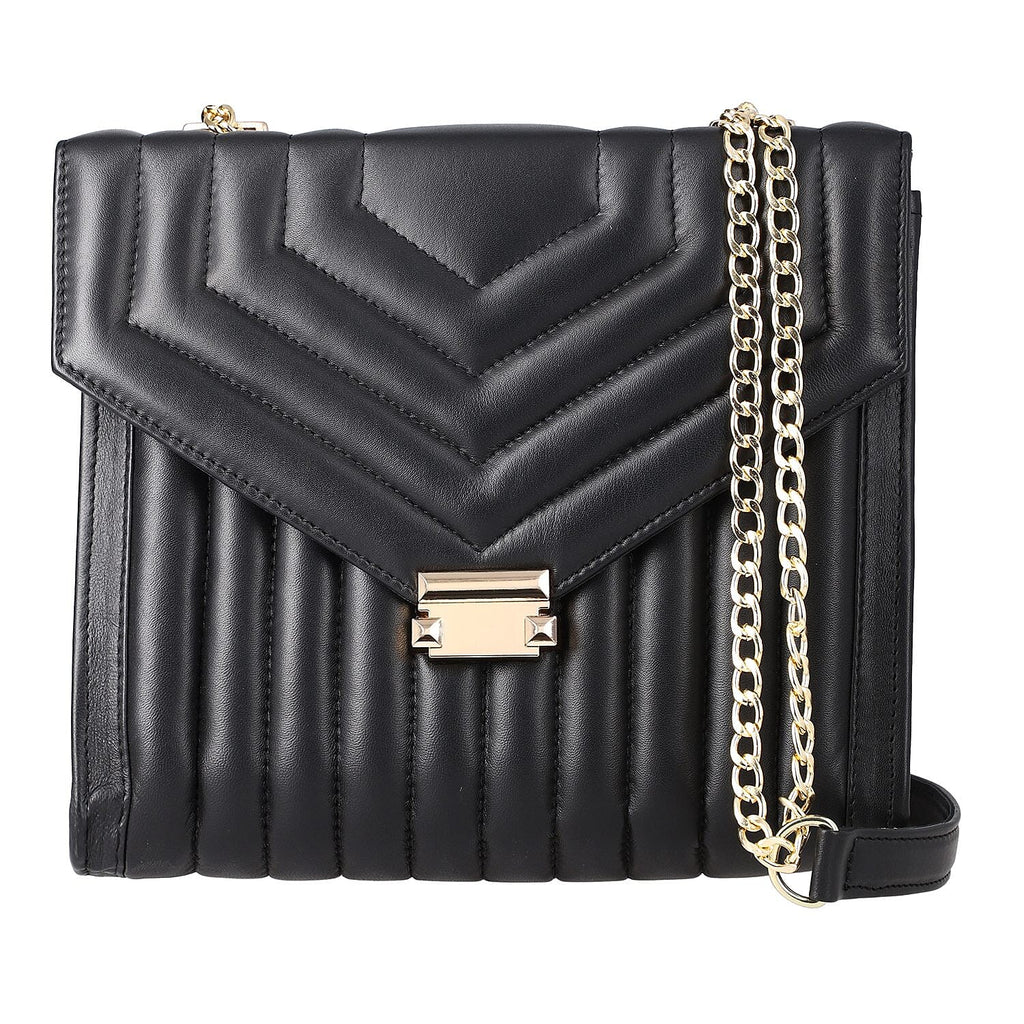One Time Deal Designer 100% Genuine Leather Quilted Crossbody Bag With Curb Link Strap - Black