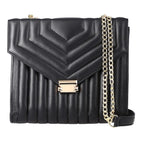 One Time Deal Designer 100% Genuine Leather Quilted Crossbody Bag With Curb Link Strap - Black