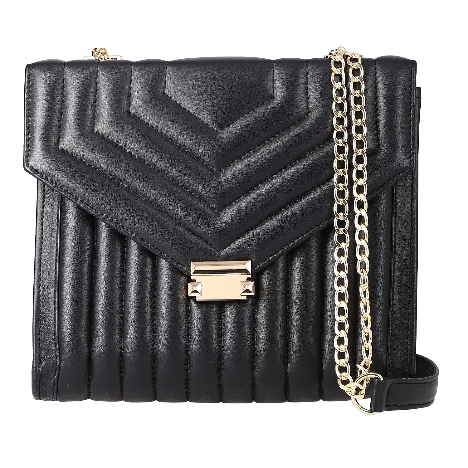 One Time Deal Designer 100% Genuine Leather Quilted Crossbody Bag With Curb Link Strap - Black