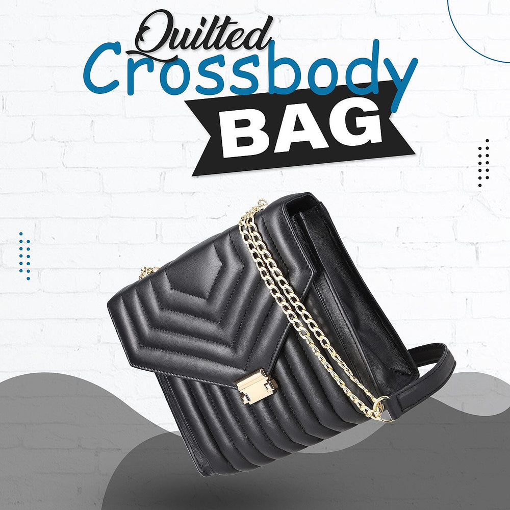 One Time Deal Designer 100% Genuine Leather Quilted Crossbody Bag With Curb Link Strap - Black