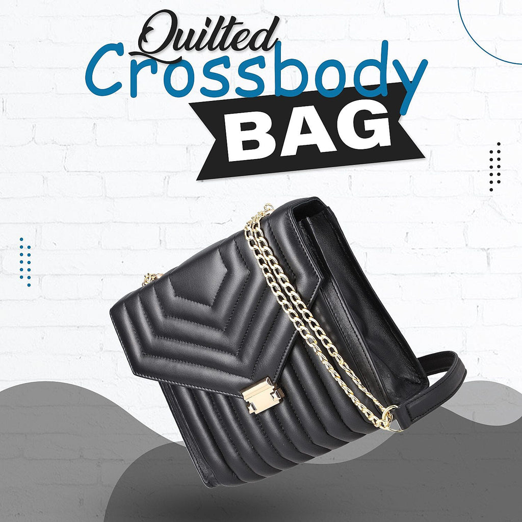 One Time Deal Designer 100% Genuine Leather Quilted Crossbody Bag With Curb Link Strap - Black