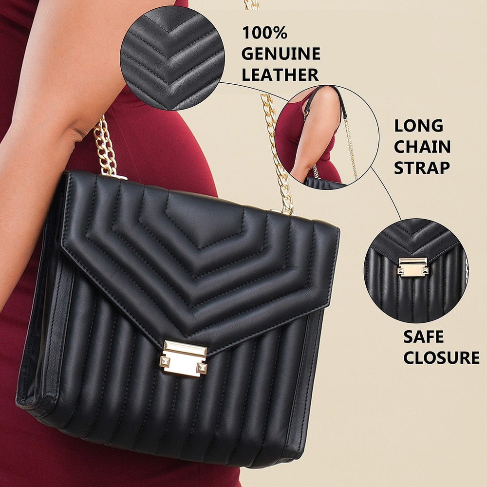 One Time Deal Designer 100% Genuine Leather Quilted Crossbody Bag With Curb Link Strap - Black