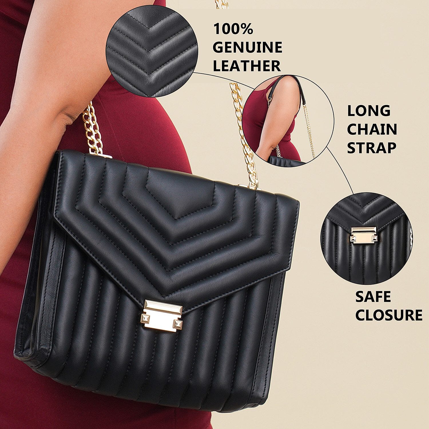 One Time Deal Designer 100% Genuine Leather Quilted Crossbody Bag With Curb Link Strap - Black