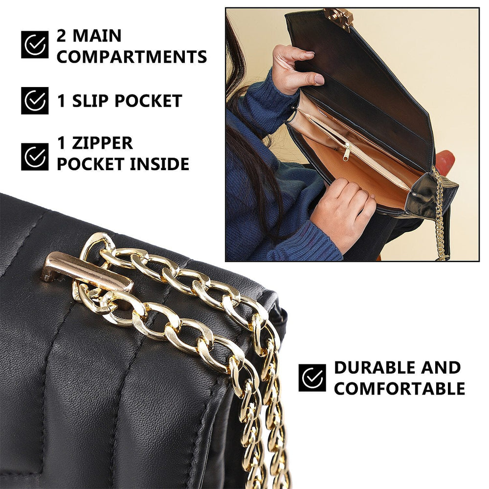 One Time Deal Designer 100% Genuine Leather Quilted Crossbody Bag With Curb Link Strap - Black
