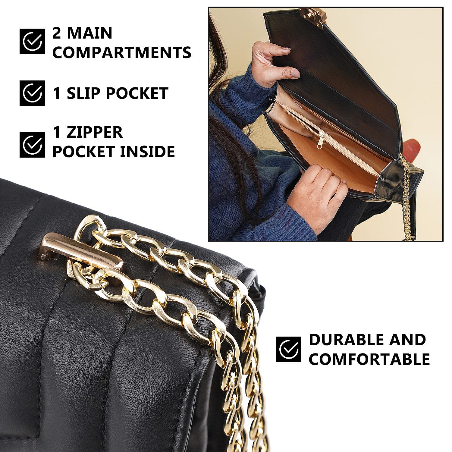 One Time Deal Designer 100% Genuine Leather Quilted Crossbody Bag With Curb Link Strap - Black