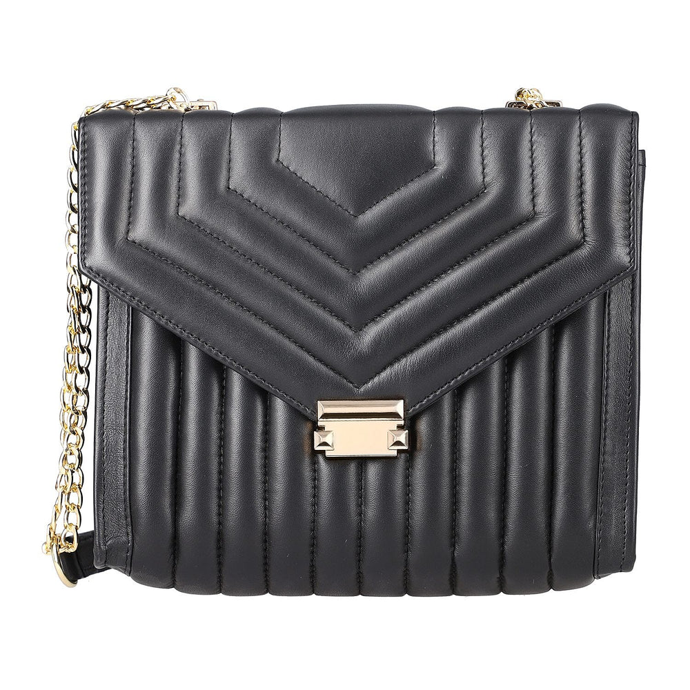 One Time Deal Designer 100% Genuine Leather Quilted Crossbody Bag With Curb Link Strap - Black