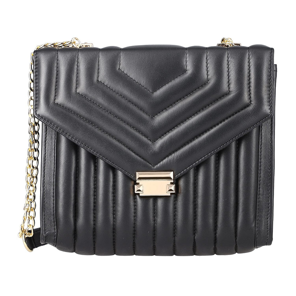 One Time Deal Designer 100% Genuine Leather Quilted Crossbody Bag With Curb Link Strap - Black