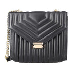 One Time Deal Designer 100% Genuine Leather Quilted Crossbody Bag With Curb Link Strap - Black