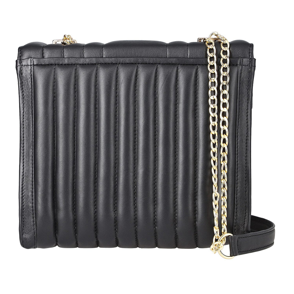 One Time Deal Designer 100% Genuine Leather Quilted Crossbody Bag With Curb Link Strap - Black