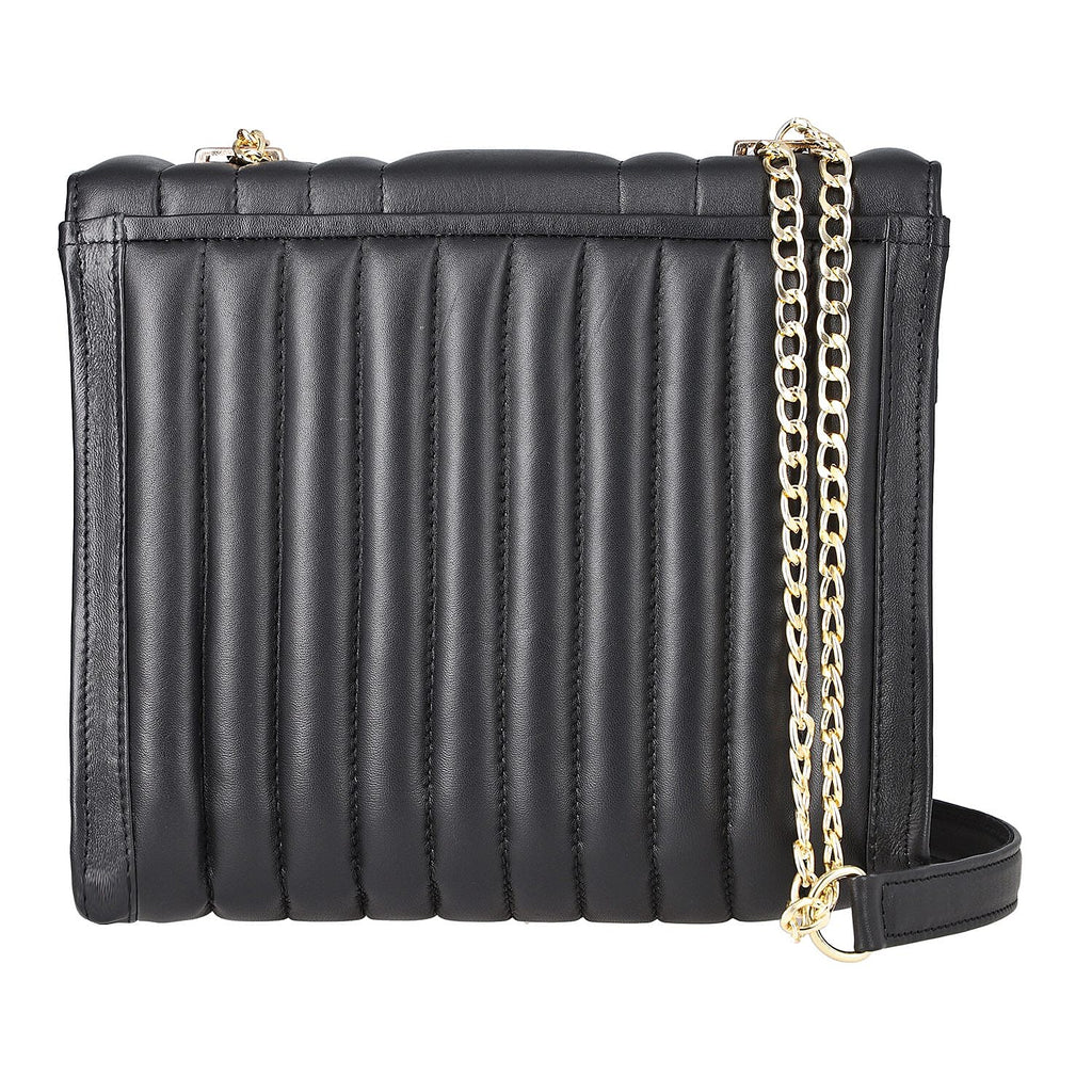 One Time Deal Designer 100% Genuine Leather Quilted Crossbody Bag With Curb Link Strap - Black